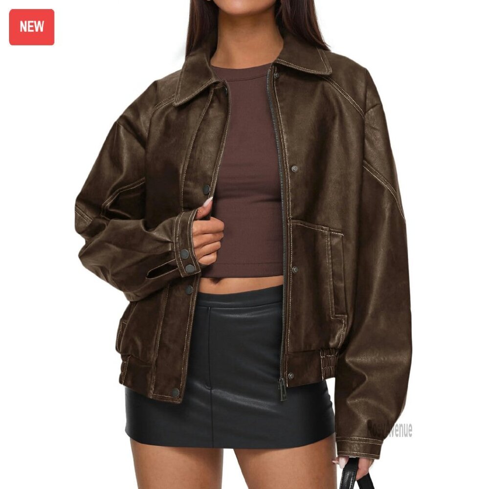 Faux Leather Bomber Jacket Oversized Moto Biker Coat Winter Warm